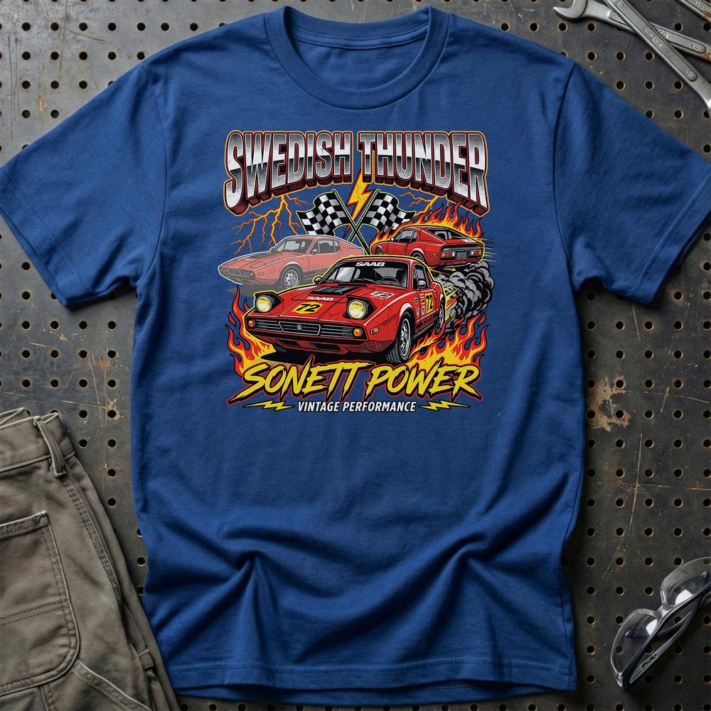 Saab Sonett Swedish Thunder Vintage Performance - Unisex T-Shirt-Beklædning-SAAB-Blå Royal-S-Garage Culture Shop- garage - man cave - merchandise