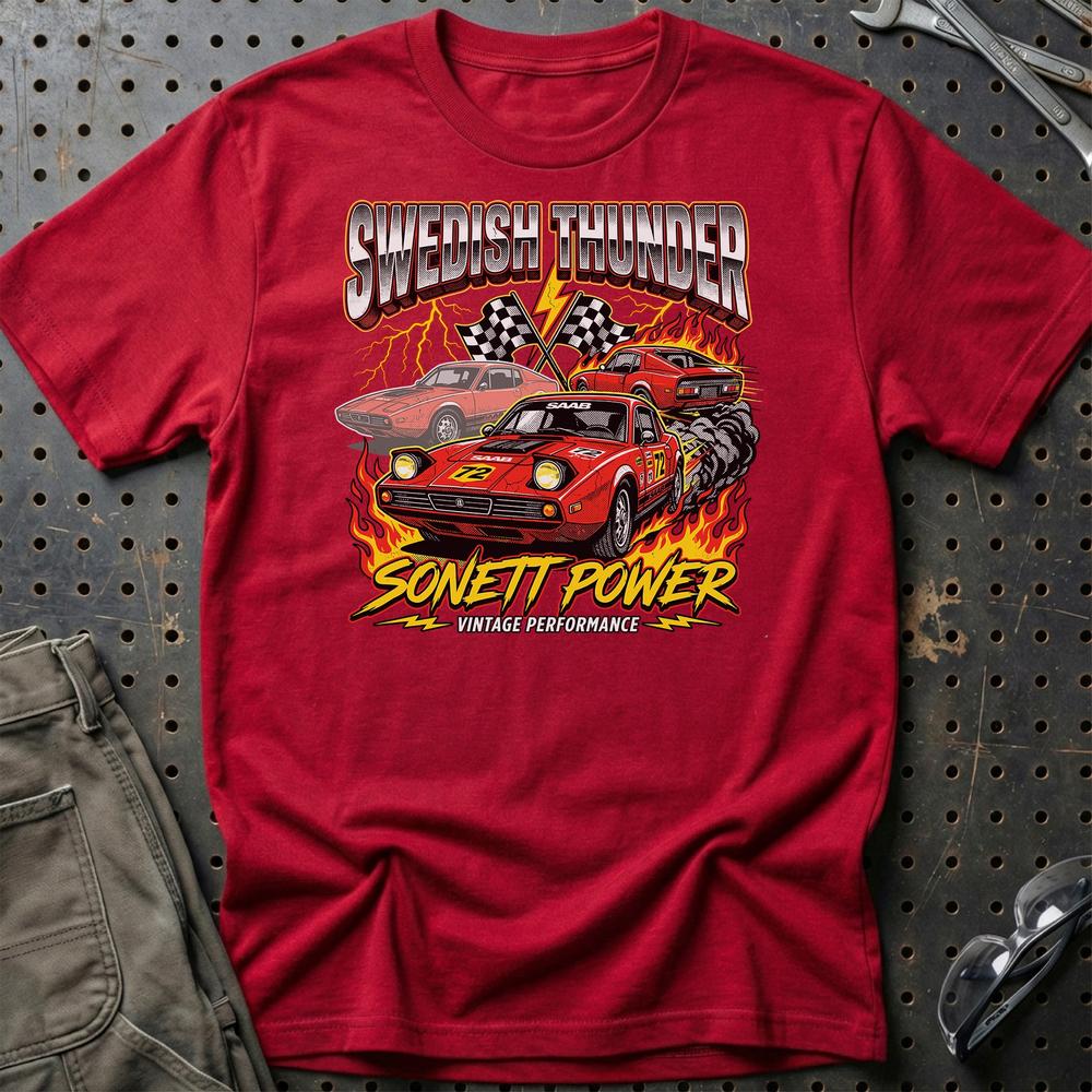 Saab Sonett Swedish Thunder Vintage Performance - Unisex T-Shirt-Beklædning-SAAB-Rød-S-Garage Culture Shop- garage - man cave - merchandise