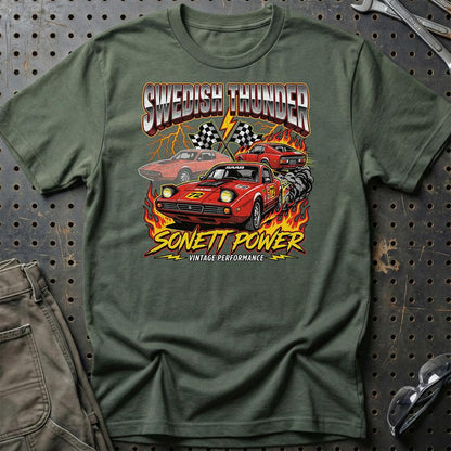 Saab Sonett Swedish Thunder Vintage Performance - Unisex T-Shirt-Beklædning-SAAB-Grøn Militær-S-Garage Culture Shop- garage - man cave - merchandise