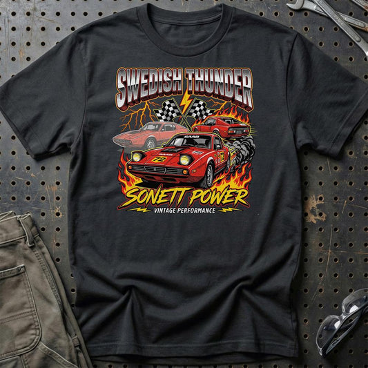Saab Sonett Swedish Thunder Vintage Performance - Unisex T-Shirt-Beklædning-SAAB-Sort-S-Garage Culture Shop- garage - man cave - merchandise