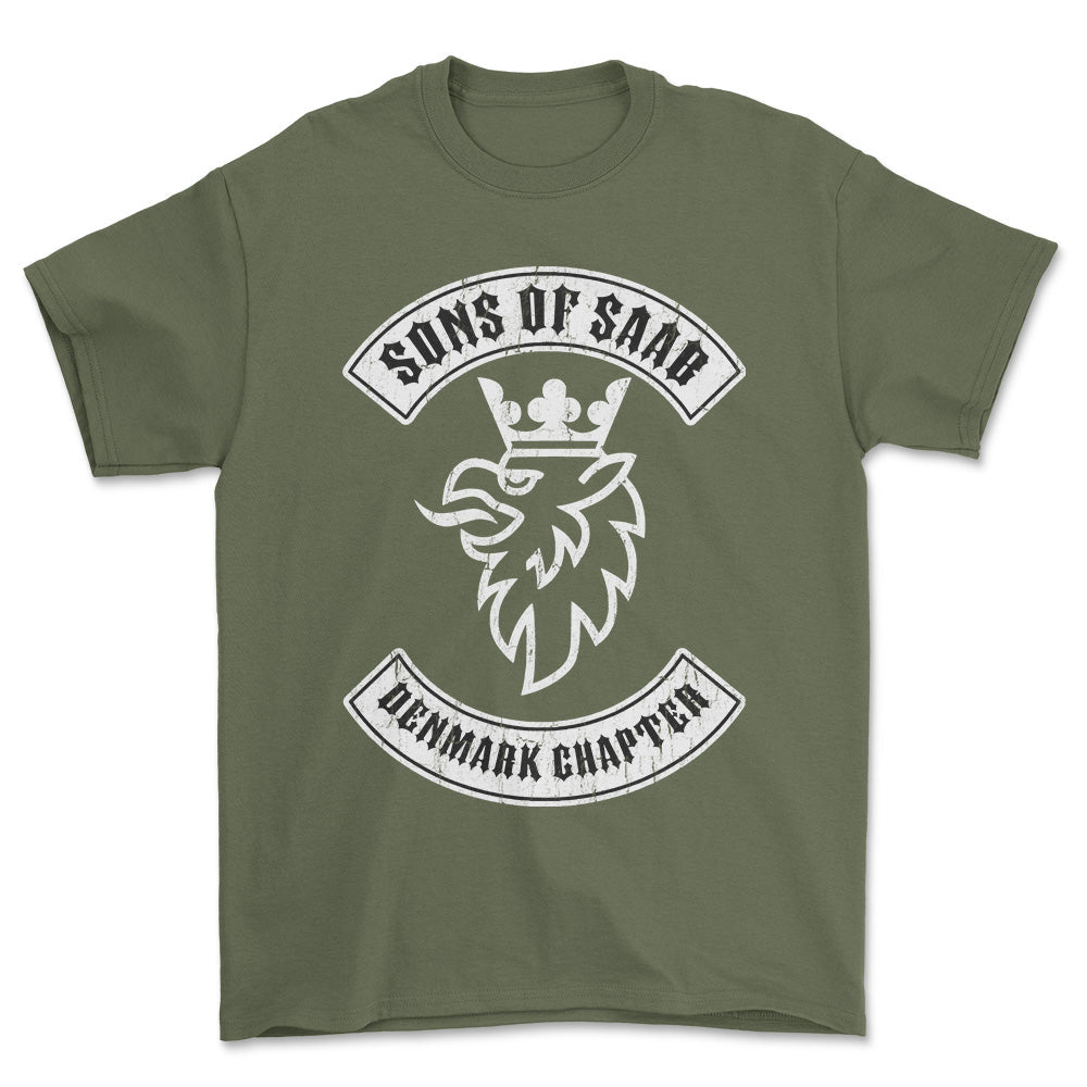 Saab Sons Of Saab Denmark Chapter Unisex T-Shirt , Bomuld-Beklædning-Saab-Grøn Militær-S-Garage Culture Shop- garage - man cave - merchandise