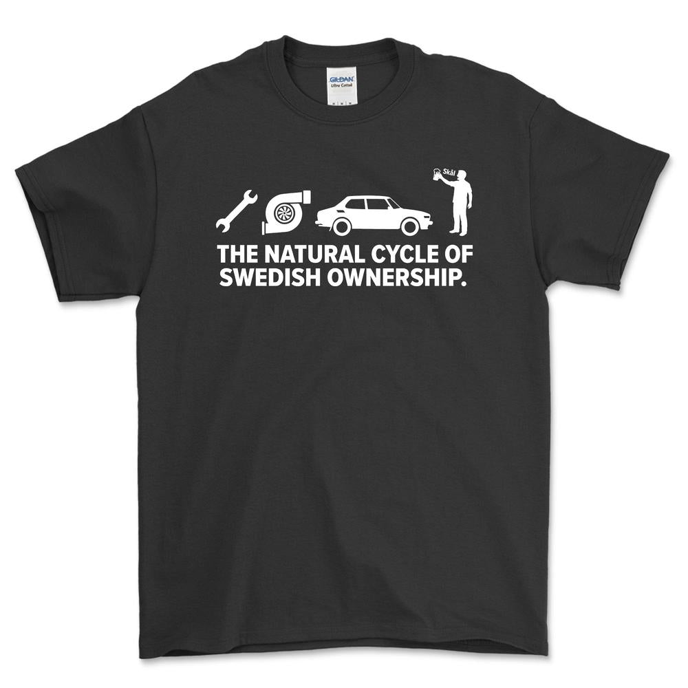Saab The Natural Cycle Of Swedish Ownership T-Shirt-Beklædning-SAAB-Sort-S-Garage Culture Shop- garage - man cave - merchandise