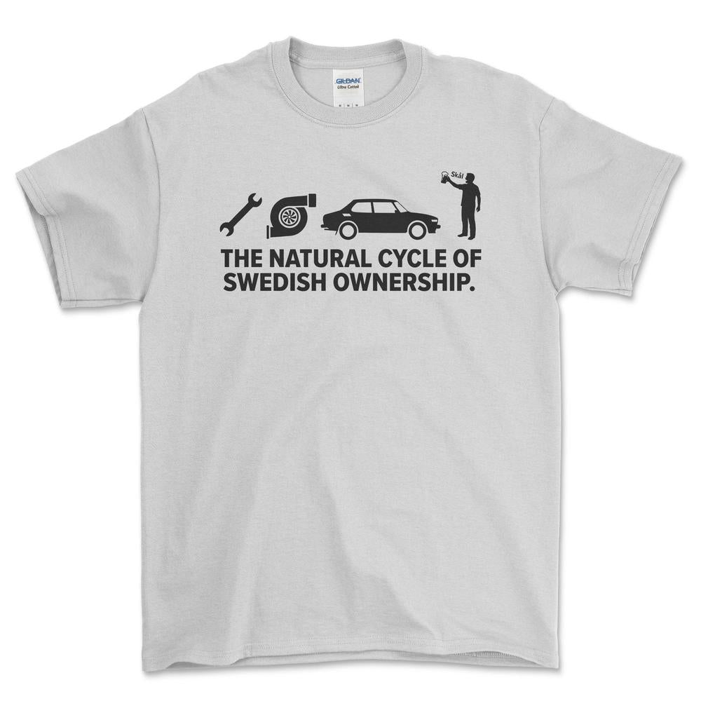 Saab The Natural Cycle Of Swedish Ownership - Unisex T-Shirt-Beklædning-SAAB-Hvid-S-Garage Culture Shop- garage - man cave - merchandise
