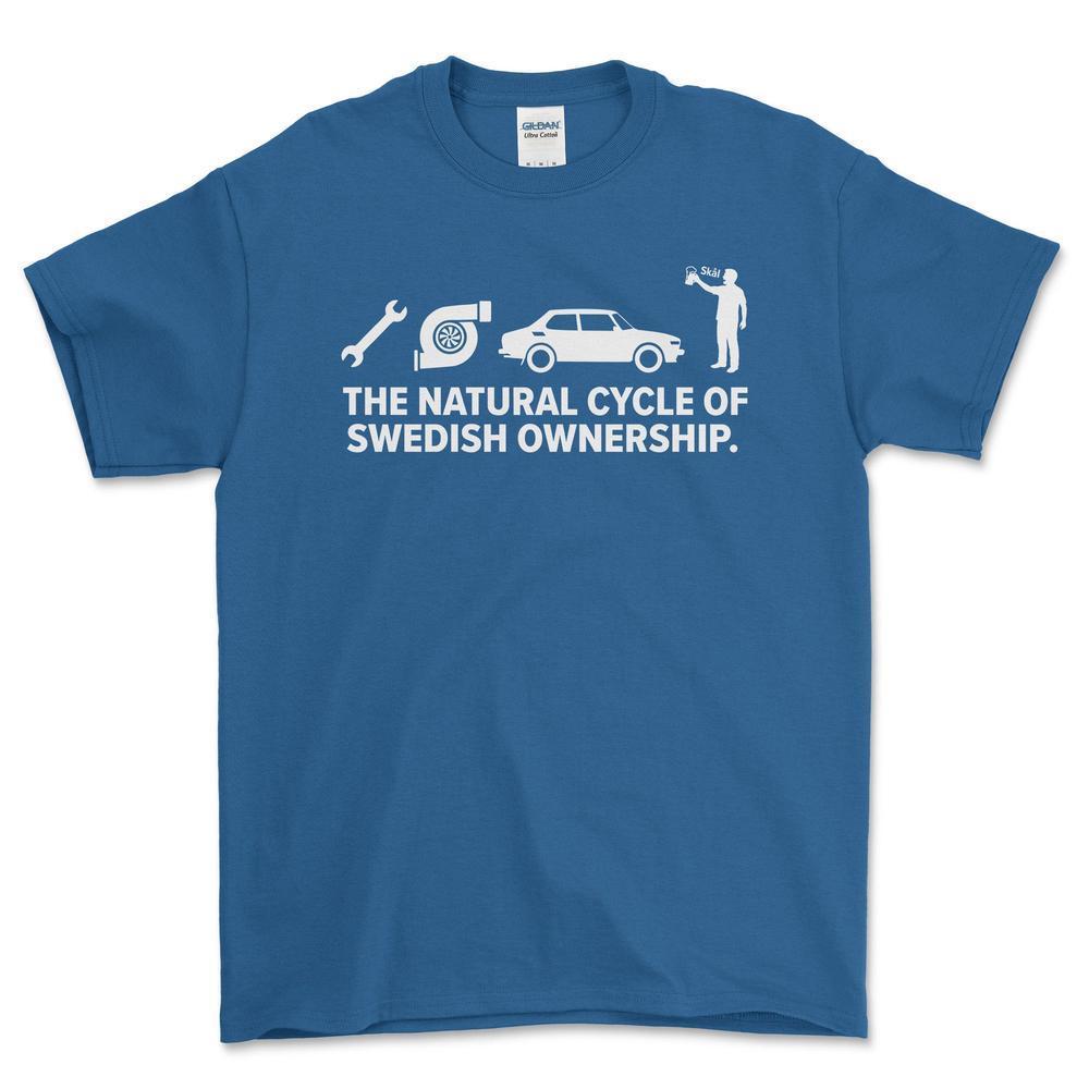 Saab The Natural Cycle Of Swedish Ownership - Unisex T-Shirt-Beklædning-SAAB-Blå Royal-S-Garage Culture Shop- garage - man cave - merchandise
