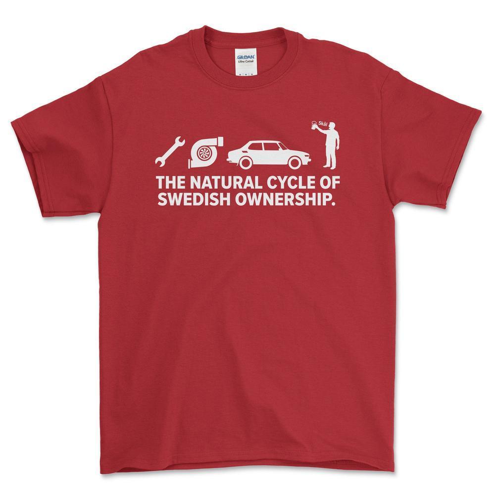 Saab The Natural Cycle Of Swedish Ownership - Unisex T-Shirt-Beklædning-SAAB-Rød-S-Garage Culture Shop- garage - man cave - merchandise