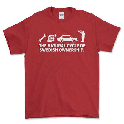 Saab The Natural Cycle Of Swedish Ownership - Unisex T-Shirt-Beklædning-SAAB-Rød-S-Garage Culture Shop- garage - man cave - merchandise