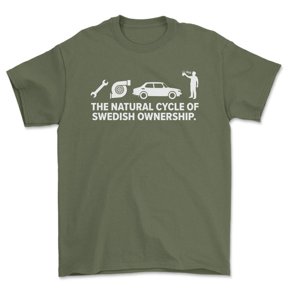 Saab The Natural Cycle Of Swedish Ownership - Unisex T-Shirt-Beklædning-SAAB-Grøn Militær-S-Garage Culture Shop- garage - man cave - merchandise