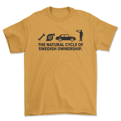 Saab The Natural Cycle Of Swedish Ownership - Unisex T-Shirt-Beklædning-SAAB-Guld-S-Garage Culture Shop- garage - man cave - merchandise