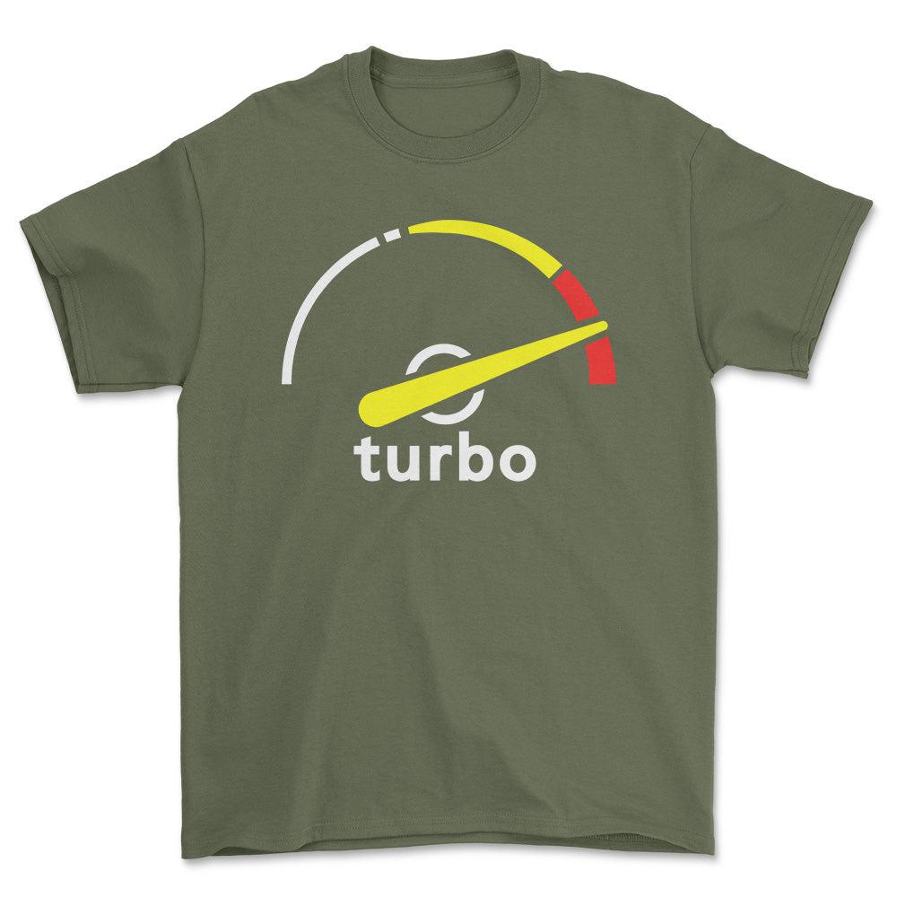 Saab Turbo Gauge Unisex T-Shirt , Bomuld-Beklædning-Saab-Grøn Militær-S-Forside-Garage Culture Shop- garage - man cave - merchandise
