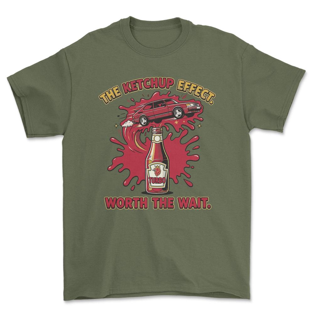 Saab Turbo Ketchup Effect - Unisex T-Shirt-Beklædning-SAAB-Grøn Militær-S-Garage Culture Shop- garage - man cave - merchandise