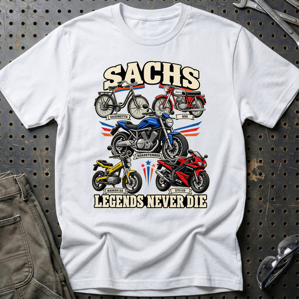 Sachs Legends Never Die T-Shirt-Beklædning-Sachs-Hvid-S-Garage Culture Shop- garage - man cave - merchandise