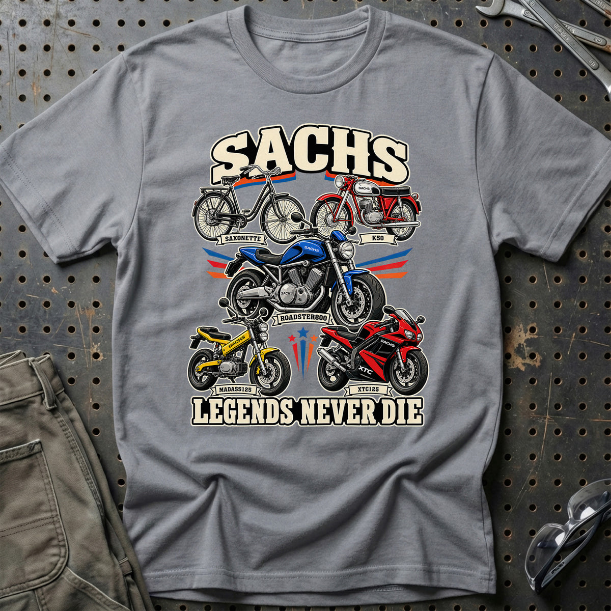 Sachs Legends Never Die T-Shirt-Beklædning-Sachs-Grå Sport-S-Garage Culture Shop- garage - man cave - merchandise