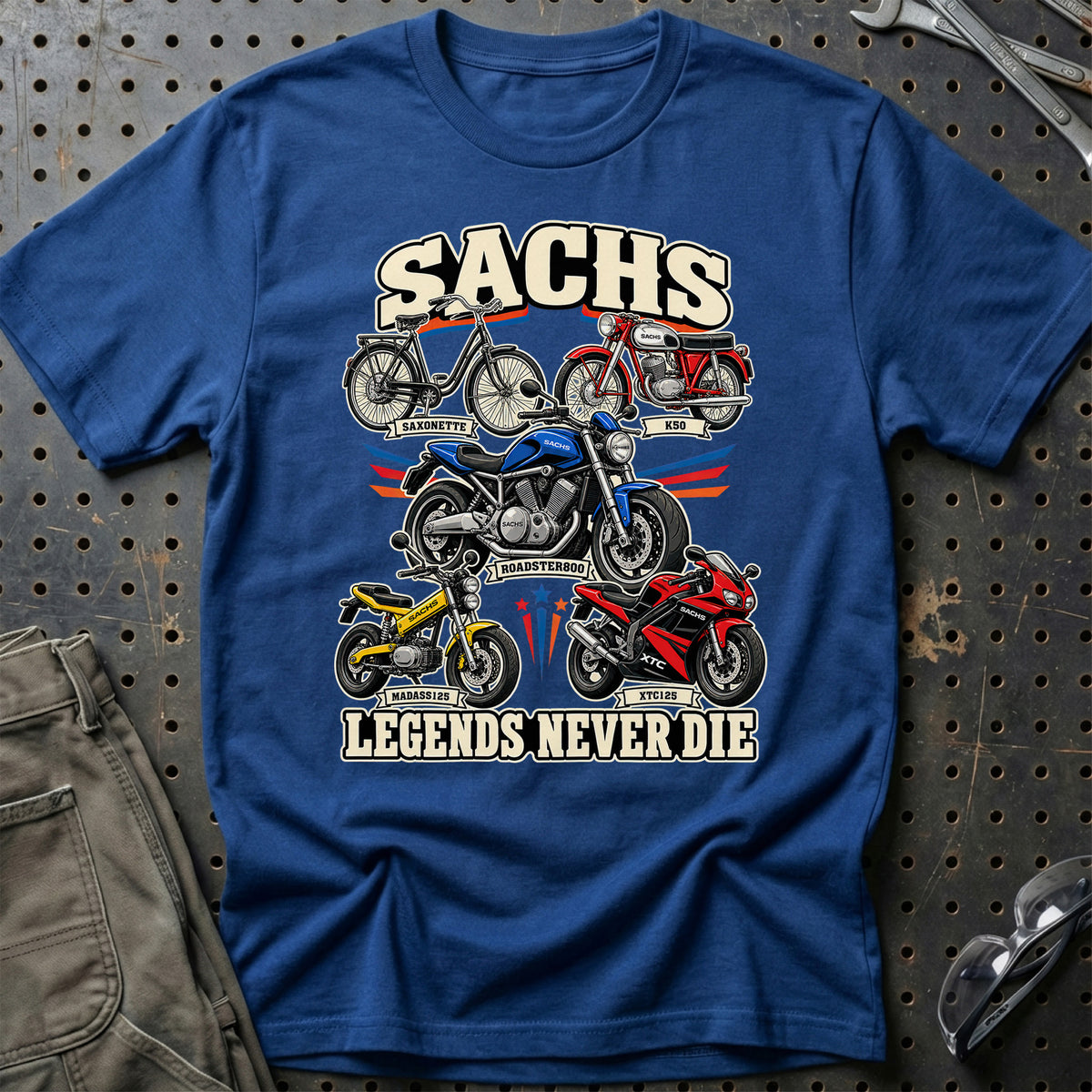 Sachs Legends Never Die T-Shirt-Beklædning-Sachs-Blå Royal-S-Garage Culture Shop- garage - man cave - merchandise
