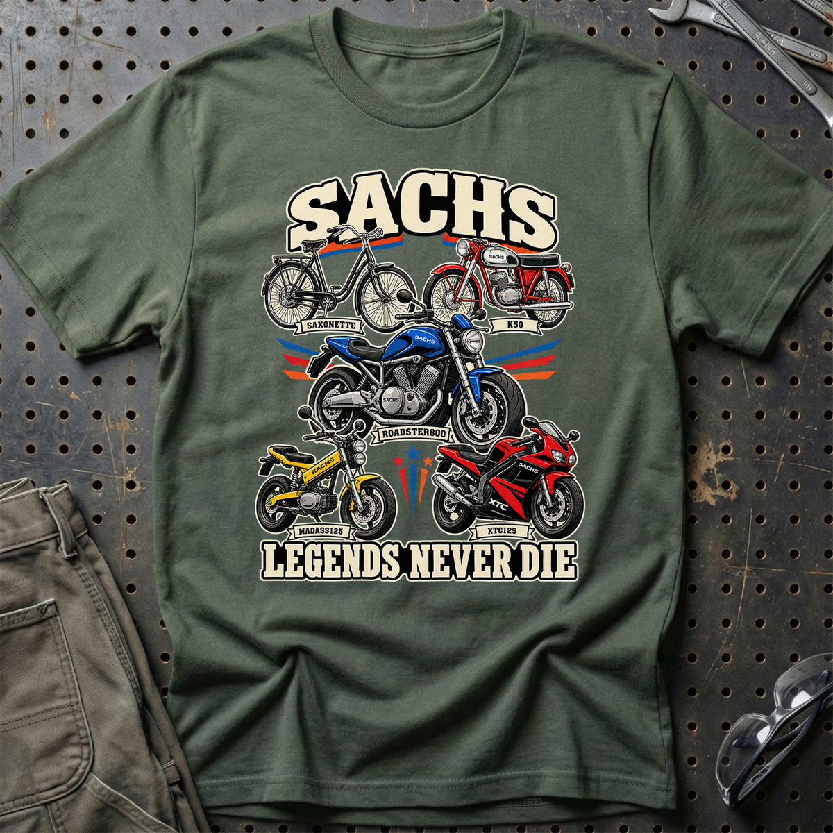 Sachs Legends Never Die T-Shirt-Beklædning-Sachs-Grøn Militær-S-Garage Culture Shop- garage - man cave - merchandise