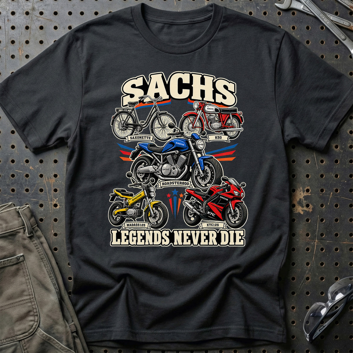 Sachs Legends Never Die T-Shirt-Beklædning-Sachs-Sort-S-Garage Culture Shop- garage - man cave - merchandise