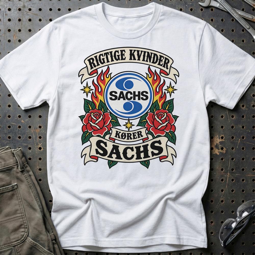 Sachs Rigtige Kvinder Kører – Roser og Flammer T-Shirt-Beklædning-Sachs-Hvid-S-Garage Culture Shop- garage - man cave - merchandise