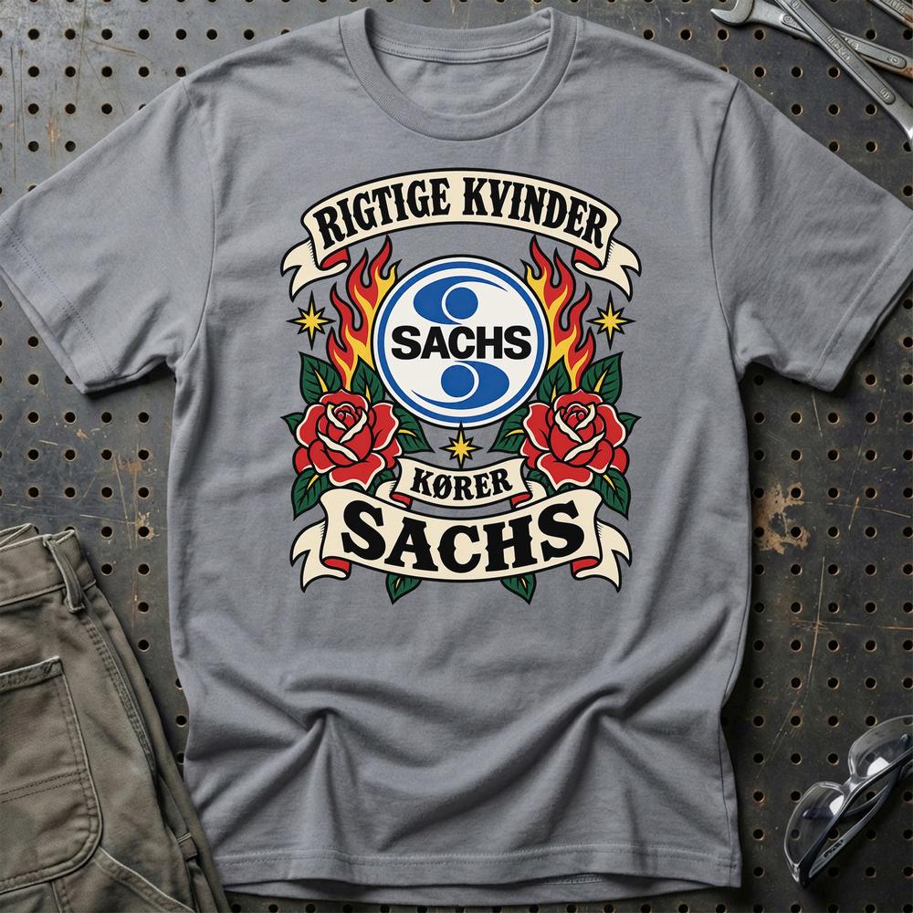 Sachs Rigtige Kvinder Kører – Roser og Flammer T-Shirt-Beklædning-Sachs-Grå Sport-S-Garage Culture Shop- garage - man cave - merchandise