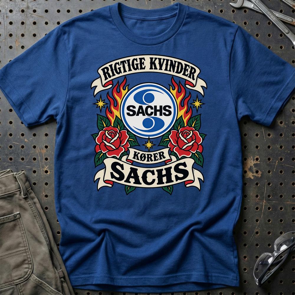 Sachs Rigtige Kvinder Kører – Roser og Flammer T-Shirt-Beklædning-Sachs-Blå Royal-S-Garage Culture Shop- garage - man cave - merchandise