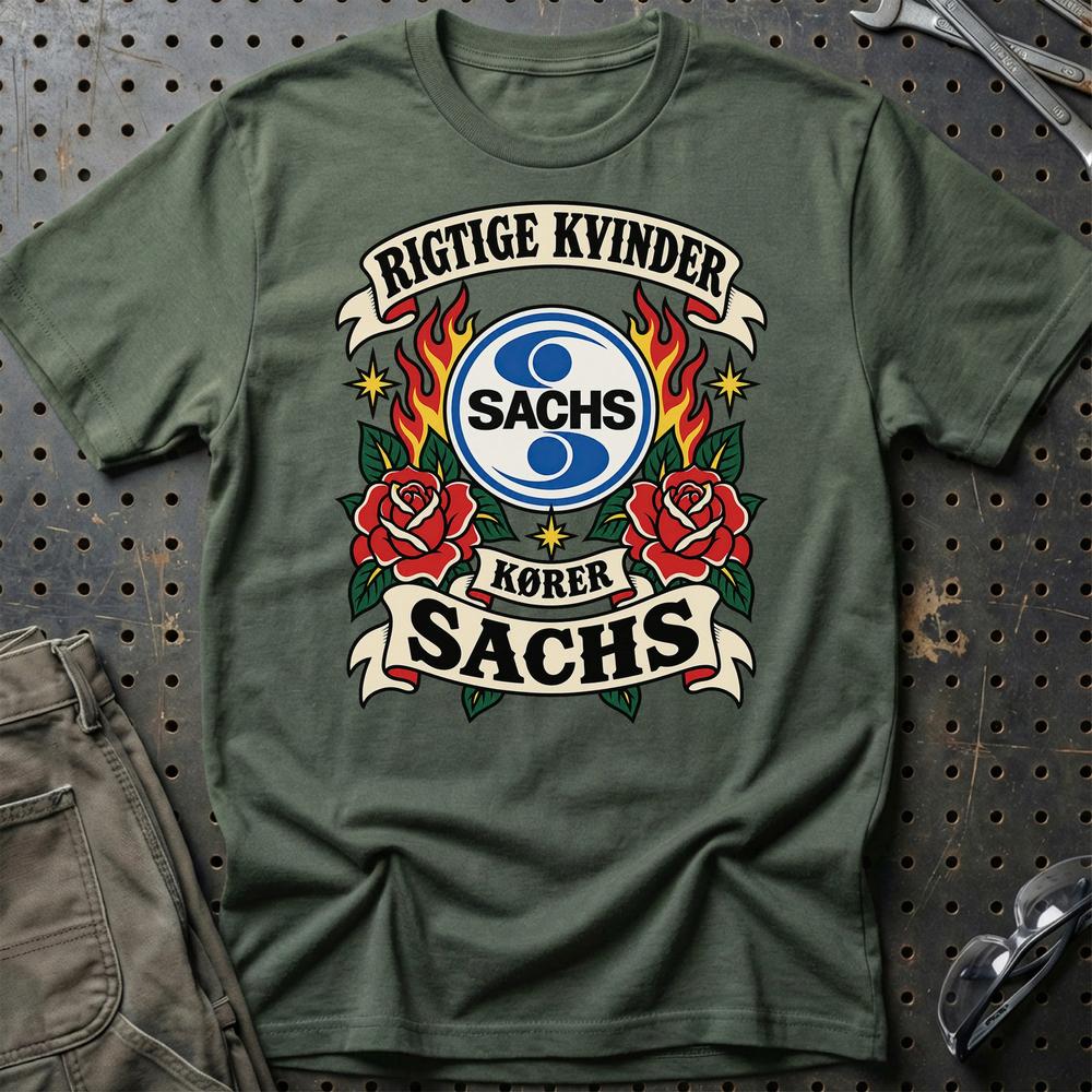 Sachs Rigtige Kvinder Kører – Roser og Flammer T-Shirt-Beklædning-Sachs-Grøn Militær-S-Garage Culture Shop- garage - man cave - merchandise