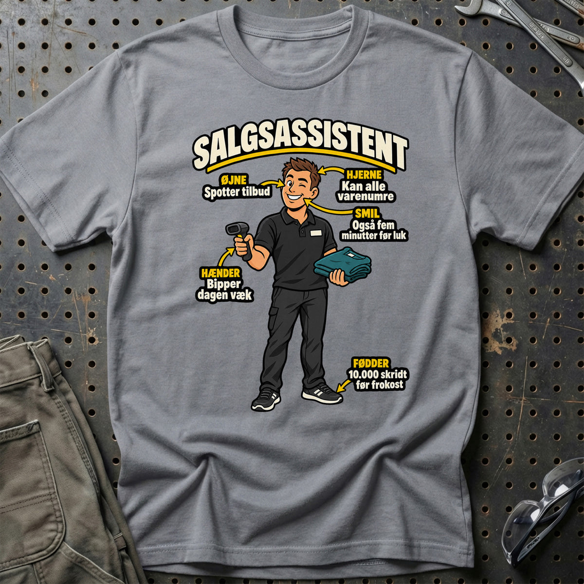 
Salgsassistent Anatomi – Klar til Kassen T-Shirt – Grå Sport – print på forsiden