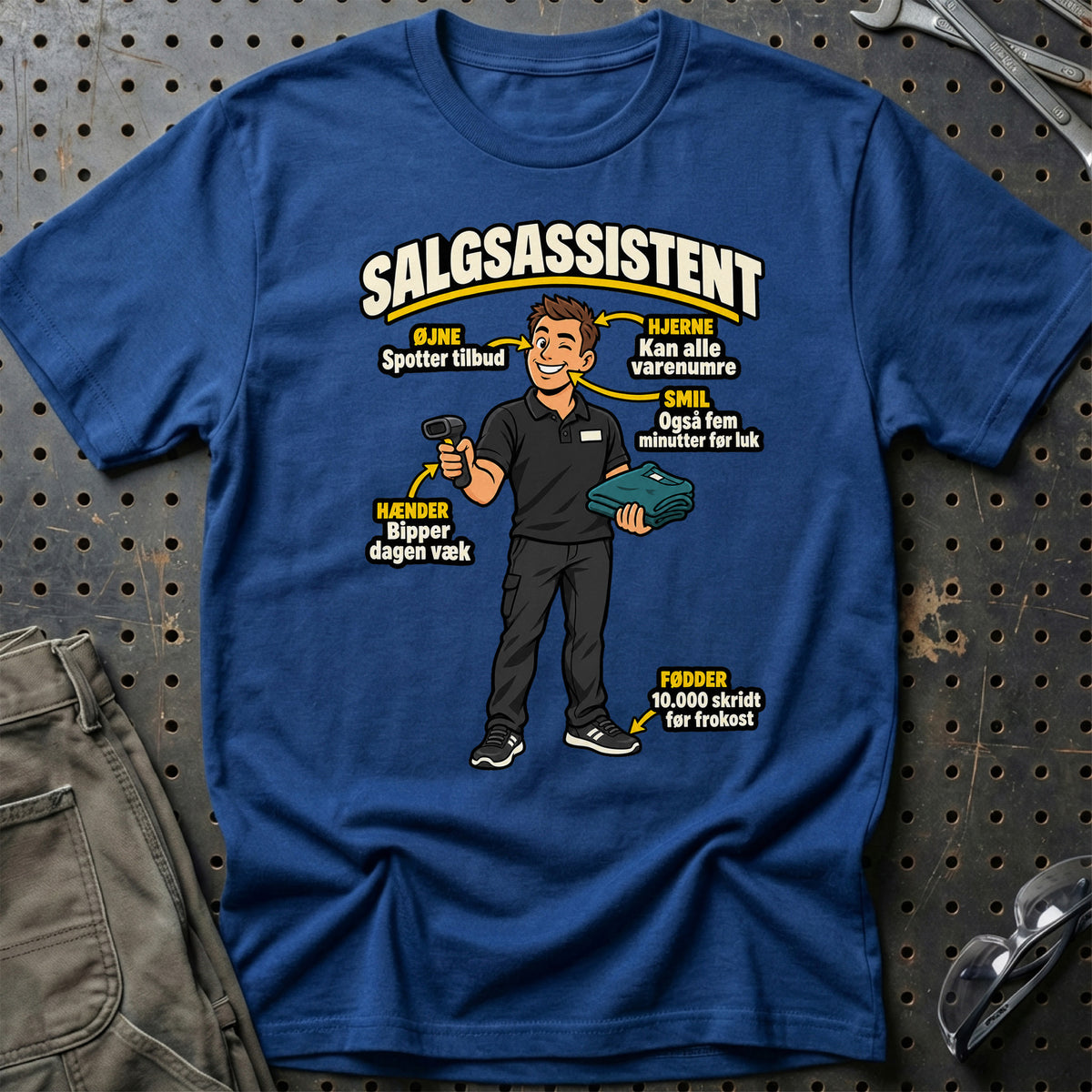 
Salgsassistent Anatomi – Klar til Kassen T-Shirt – Blå Royal – print på forsiden