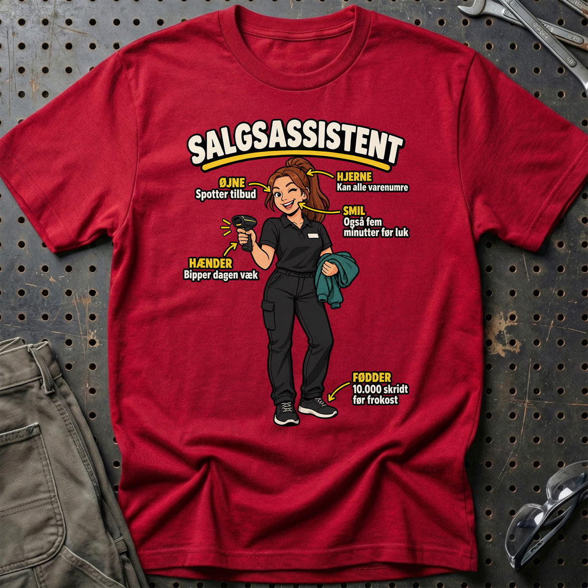 
Salgsassistent Anatomi – Smil og Overblik T-Shirt – Rød – print på forsiden