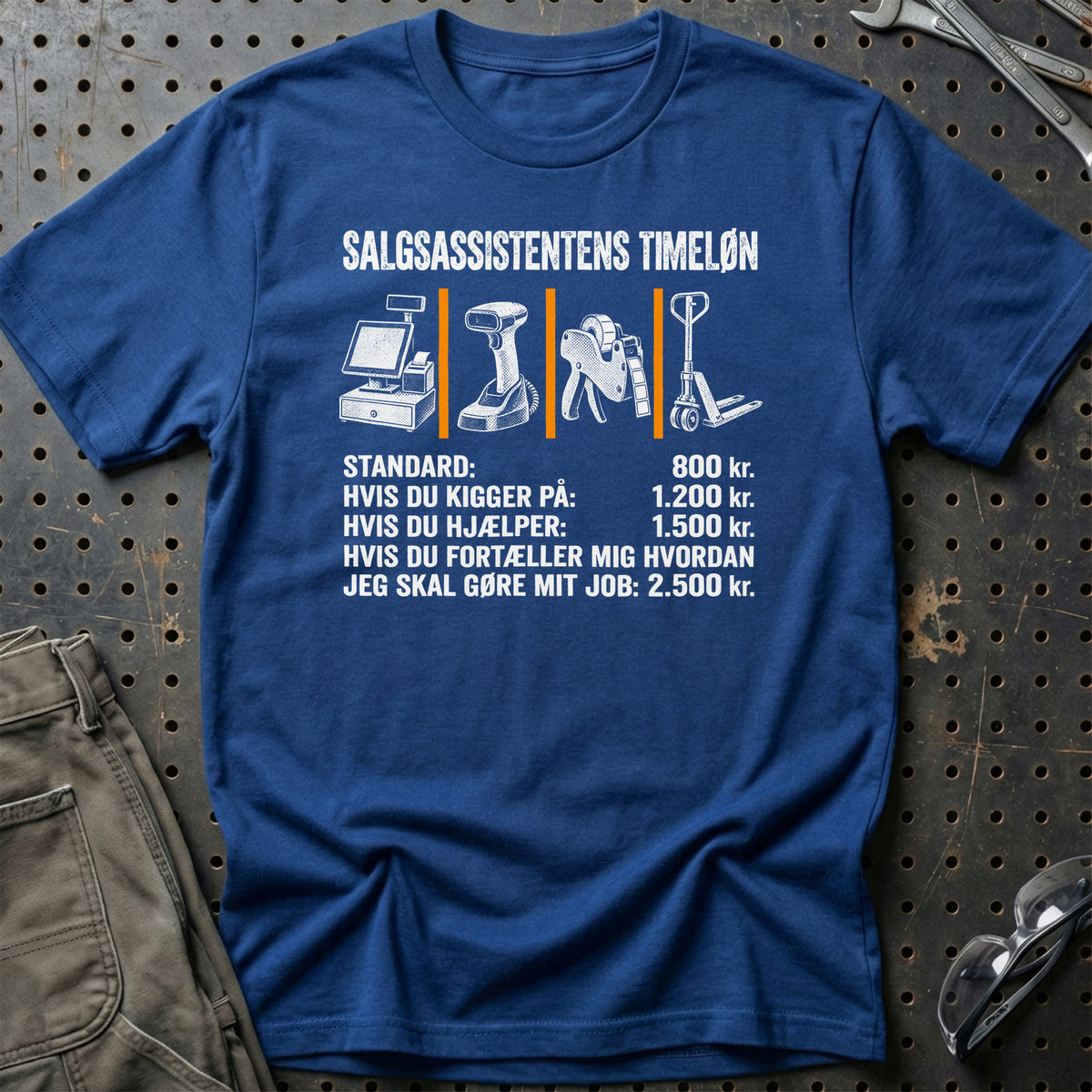 
Salgsassistentens Timeløn T-Shirt – Blå Royal – print på forsiden