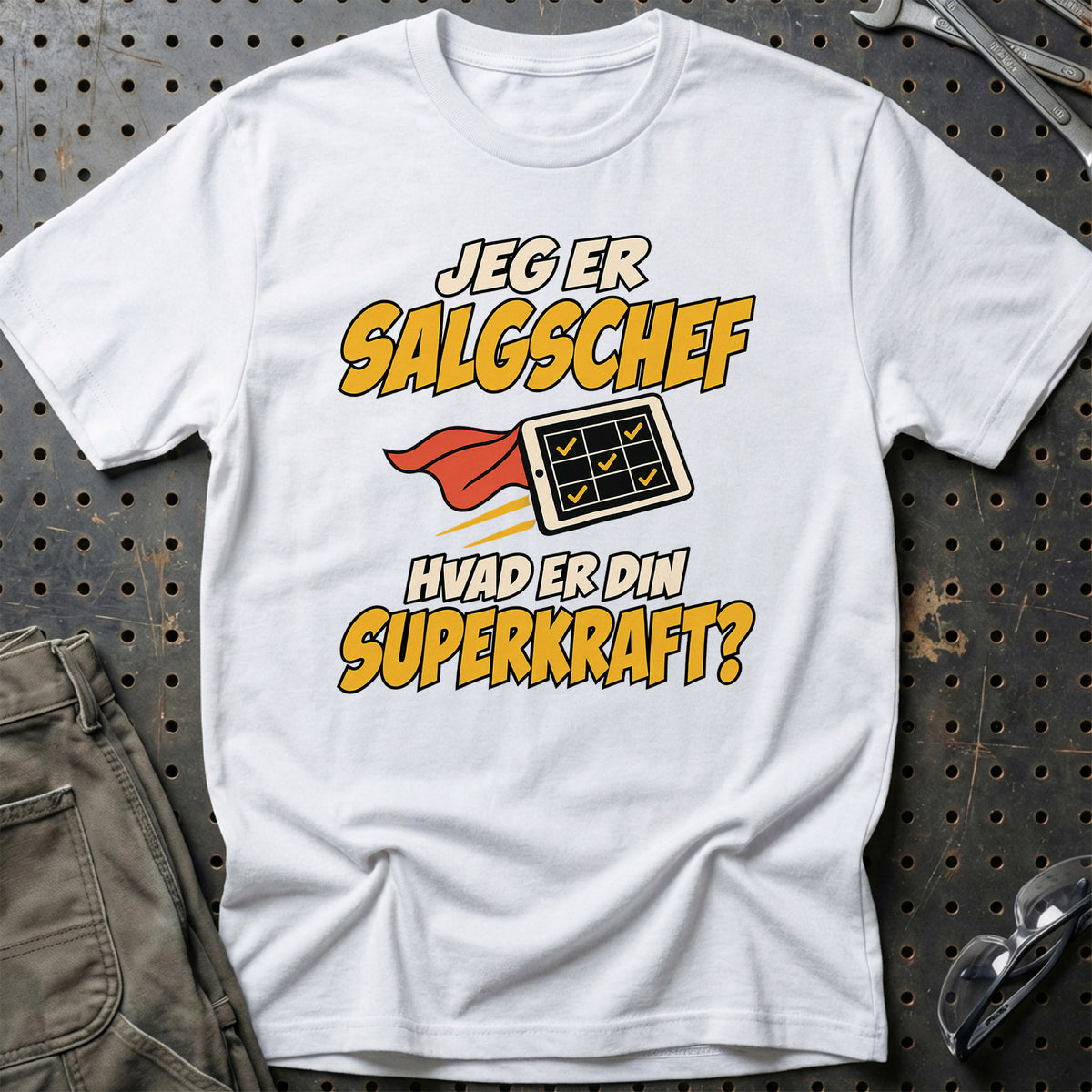 
Salgschef – Hvad er din superkraft? – Unisex T-Shirt – Hvid