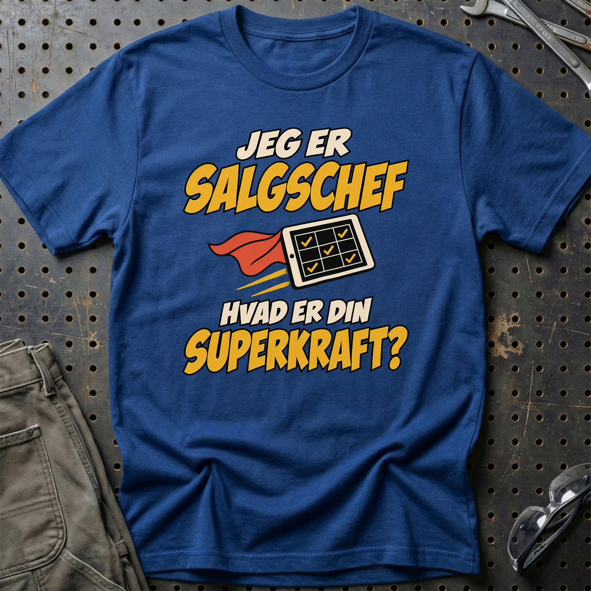 
Salgschef – Hvad er din superkraft? – Unisex T-Shirt – Blå Royal
