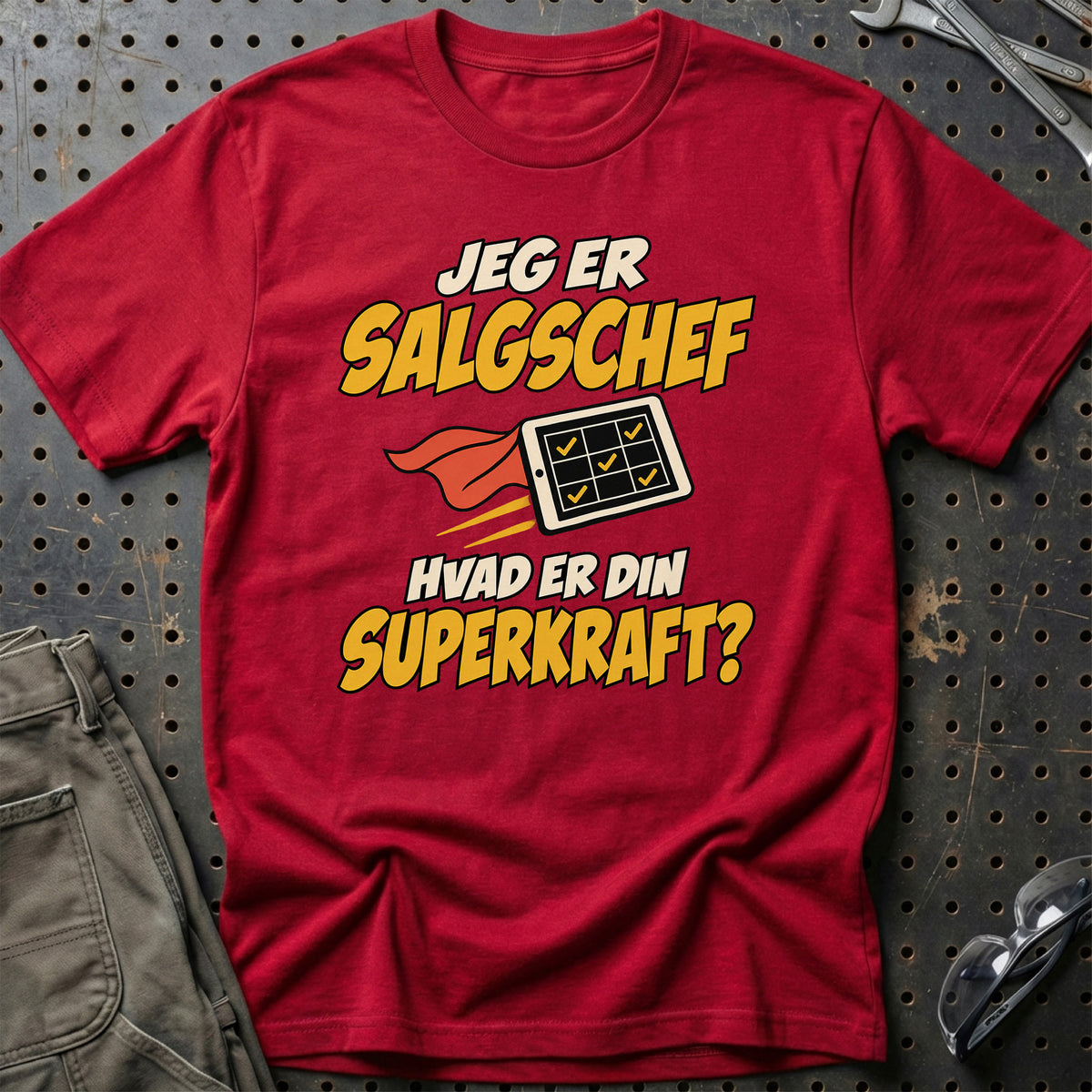 
Salgschef – Hvad er din superkraft? – Unisex T-Shirt – Rød