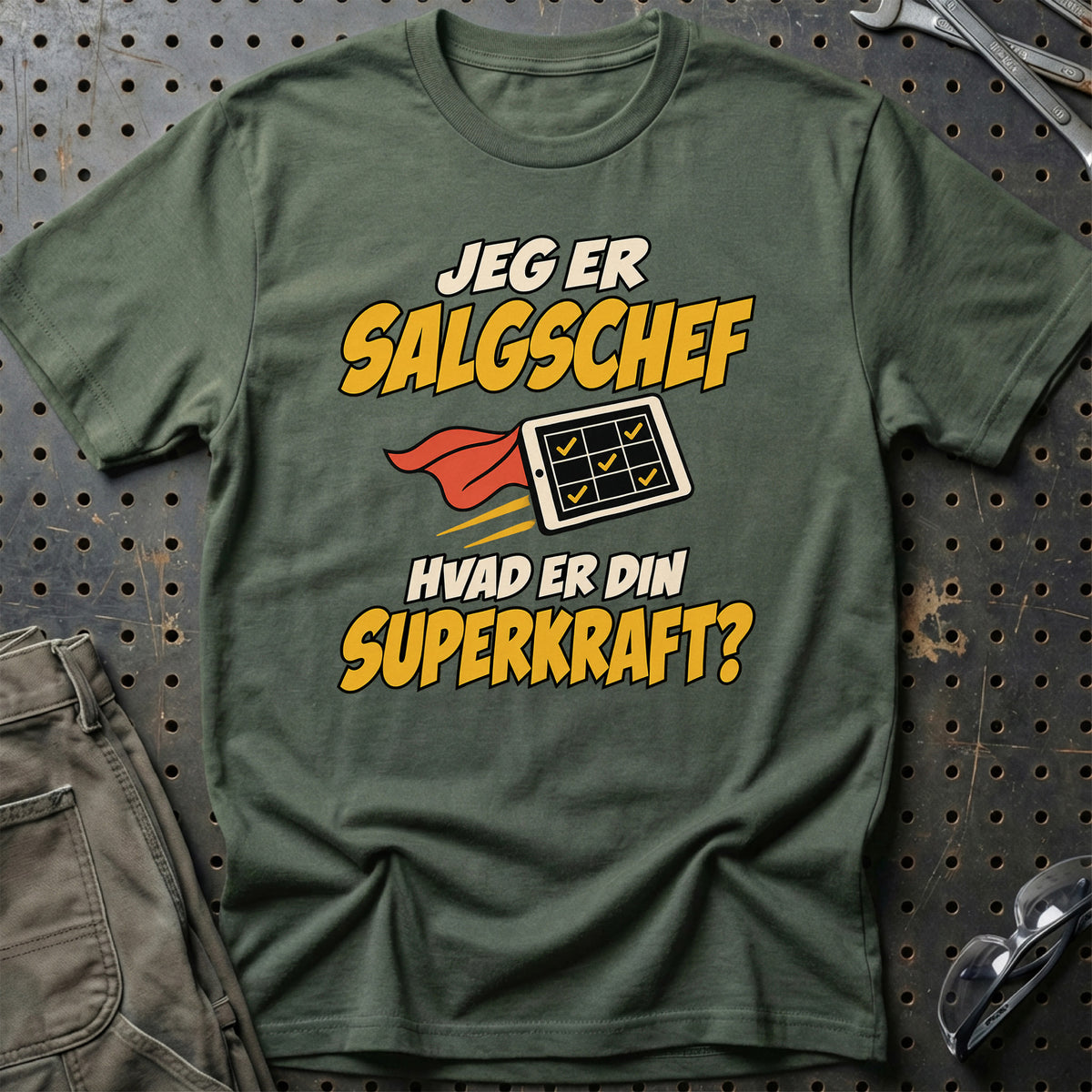 
Salgschef – Hvad er din superkraft? – Unisex T-Shirt – Grøn Militær