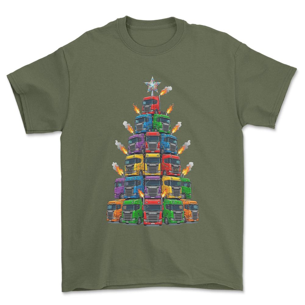 Scania Lastbil Juletræ Christmas Tree - Unisex T-Shirt-Beklædning-Scania-Grøn Militær-S-Forside-Garage Culture Shop- garage - man cave - merchandise