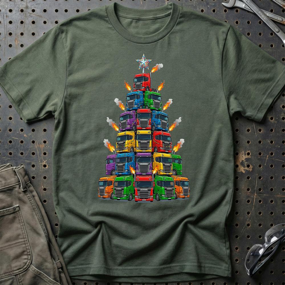 Scania Lastbil Juletræ Christmas Tree - Unisex T-Shirt-Beklædning-Scania-Grøn Militær-S-Garage Culture Shop- garage - man cave - merchandise
