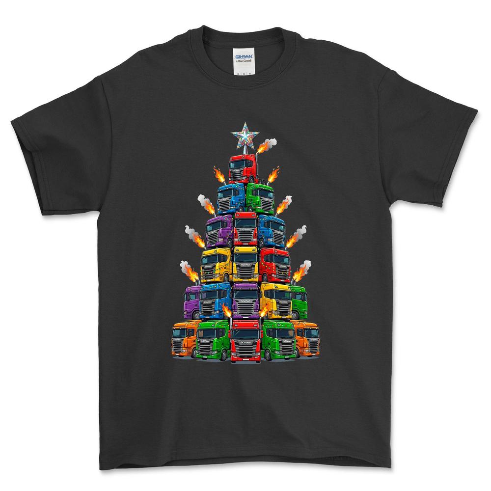 Scania Lastbil Juletræ Christmas Tree - Unisex T-Shirt-Beklædning-Scania-Sort-S-Forside-Garage Culture Shop- garage - man cave - merchandise