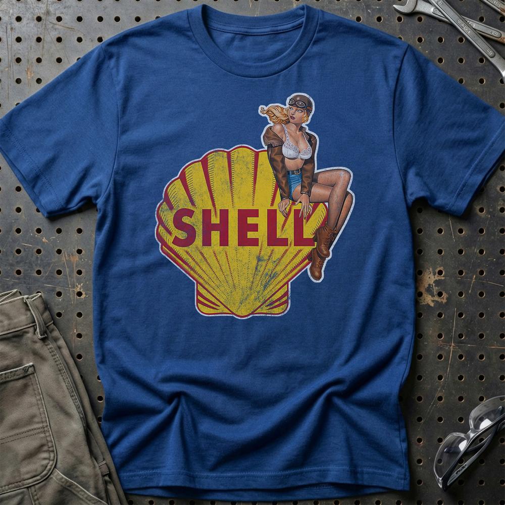 Shell Pinup T-Shirt-Beklædning-Motoroil-Blå Royal-S-Garage Culture Shop- garage - man cave - merchandise