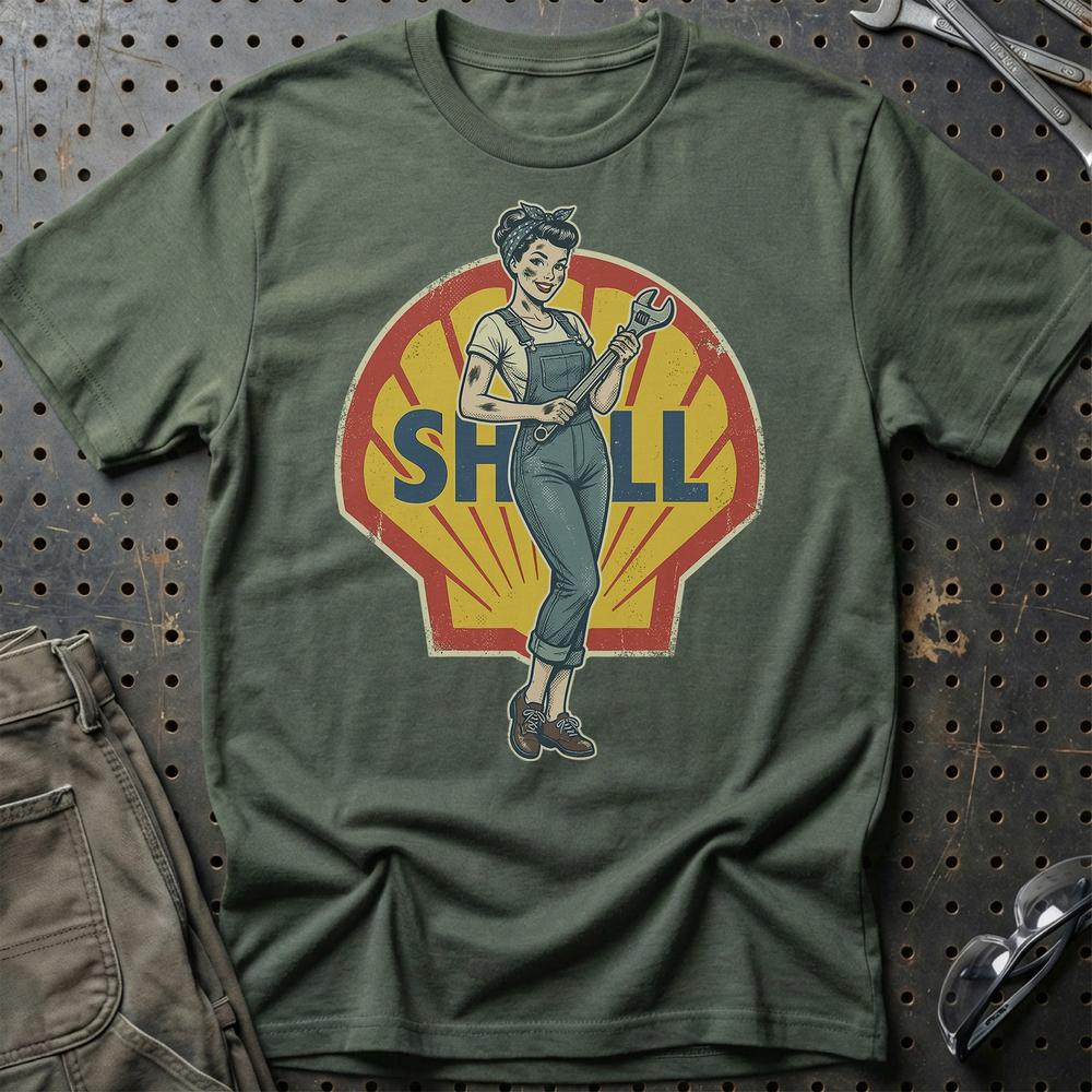 Shell Pinup T-Shirt-Beklædning-Motoroil-Grøn Militær-S-Garage Culture Shop- garage - man cave - merchandise