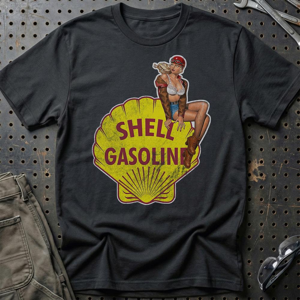 Shell Pinup T-Shirt-Beklædning-Motoroil-Sort-S-Garage Culture Shop- garage - man cave - merchandise