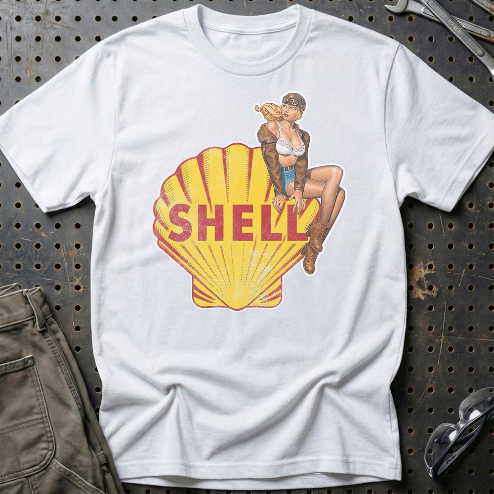 Shell Pinup - Unisex T-Shirt , Bomuld-Beklædning-Motoroil-Hvid-S-Garage Culture Shop- garage - man cave - merchandise