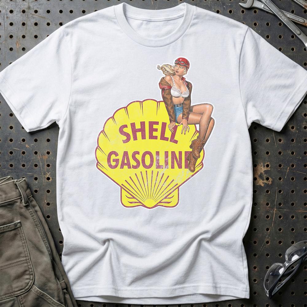 Shell Pinup - Unisex T-Shirt , Bomuld-Beklædning-Motoroil-Hvid-S-Garage Culture Shop- garage - man cave - merchandise