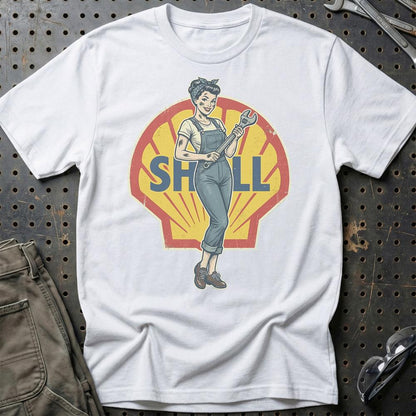 Shell Pinup - Unisex T-Shirt , Bomuld-Beklædning-Motoroil-Hvid-S-Garage Culture Shop- garage - man cave - merchandise