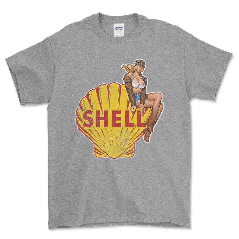 Shell Pinup - Unisex T-Shirt , Bomuld-Beklædning-Motoroil-Grå Sport-S-Forside-Garage Culture Shop- garage - man cave - merchandise