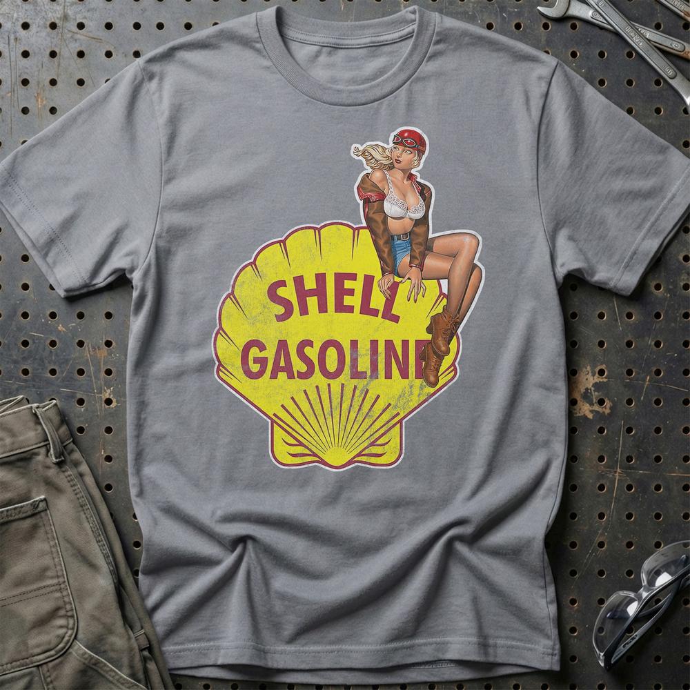 Shell Pinup - Unisex T-Shirt , Bomuld-Beklædning-Motoroil-Grå Sport-S-Garage Culture Shop- garage - man cave - merchandise