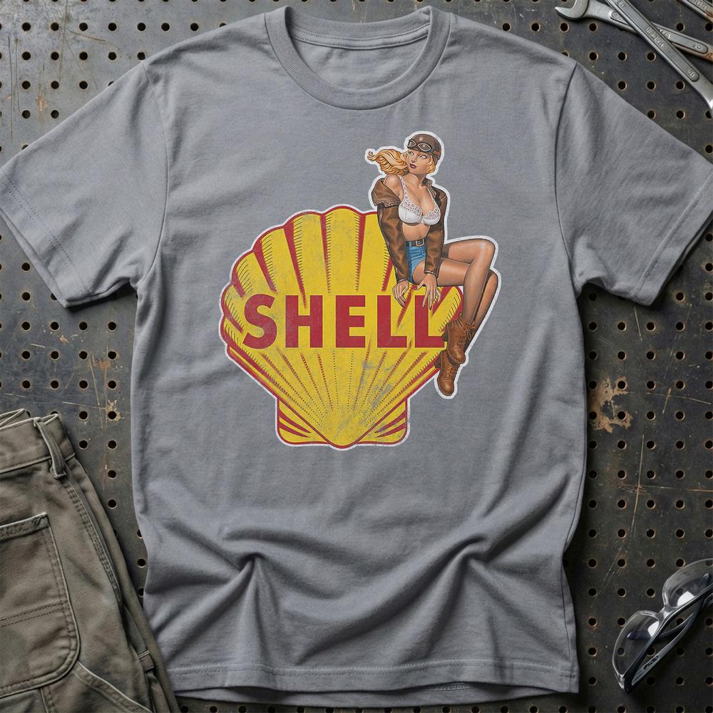 Shell Pinup - Unisex T-Shirt , Bomuld-Beklædning-Motoroil-Grå Sport-S-Garage Culture Shop- garage - man cave - merchandise