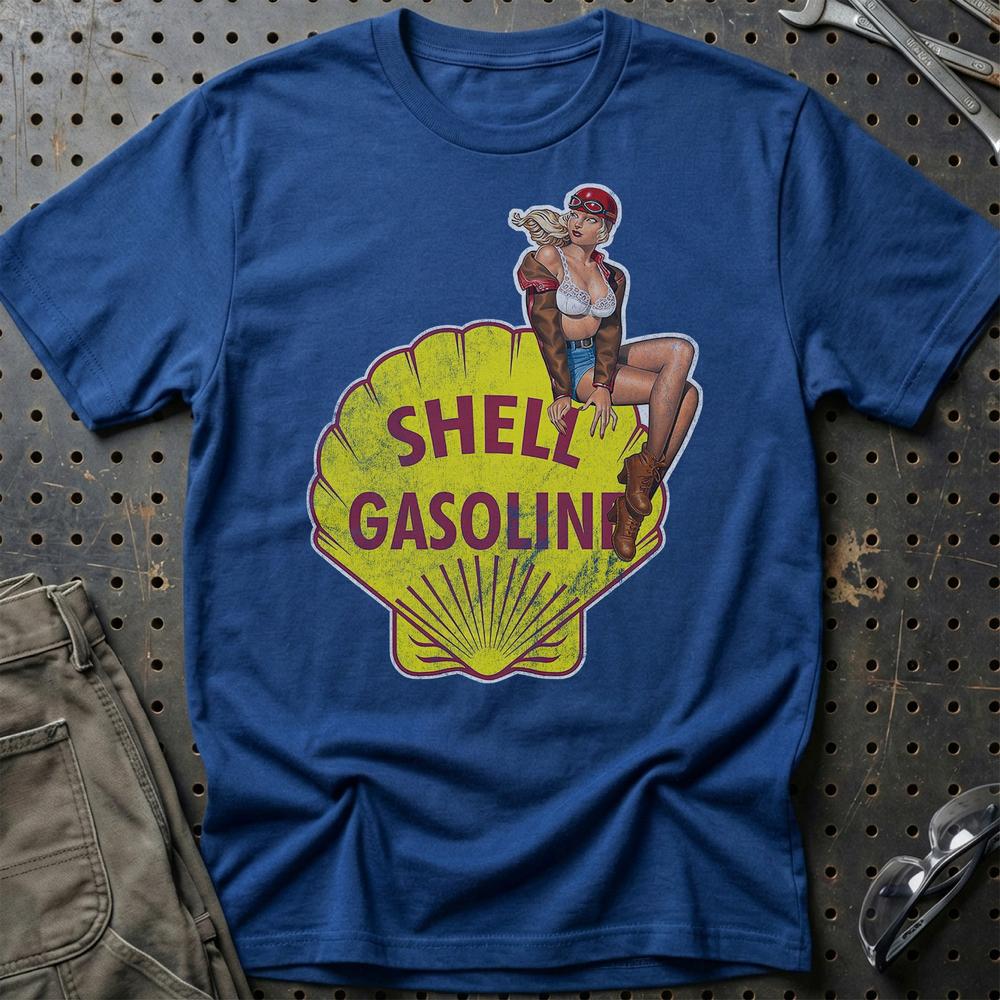 Shell Pinup - Unisex T-Shirt , Bomuld-Beklædning-Motoroil-Blå Royal-S-Garage Culture Shop- garage - man cave - merchandise