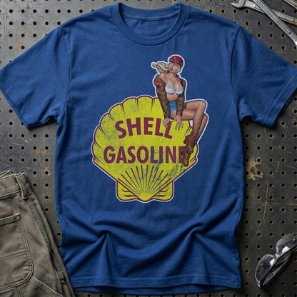 Shell Pinup - Unisex T-Shirt , Bomuld-Beklædning-Motoroil-Blå Royal-S-Garage Culture Shop- garage - man cave - merchandise