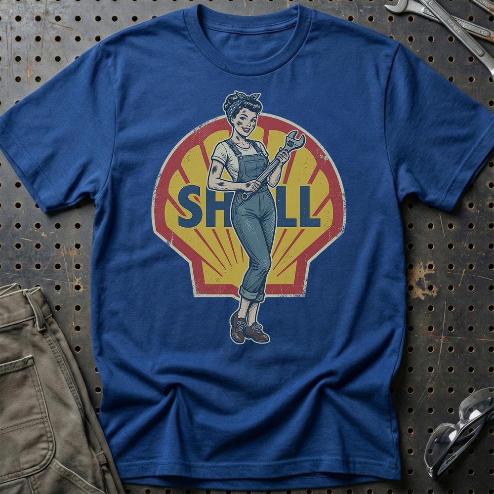 Shell Pinup - Unisex T-Shirt , Bomuld-Beklædning-Motoroil-Blå Royal-S-Garage Culture Shop- garage - man cave - merchandise