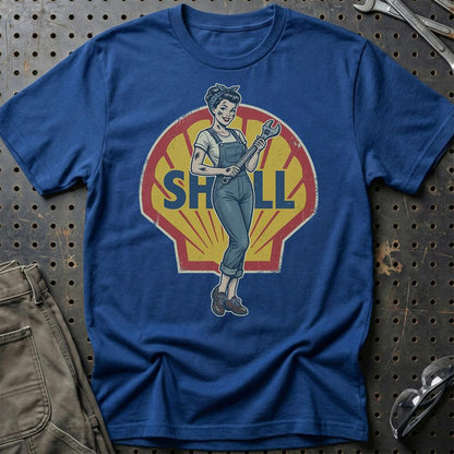 Shell Pinup - Unisex T-Shirt , Bomuld-Beklædning-Motoroil-Blå Royal-S-Garage Culture Shop- garage - man cave - merchandise