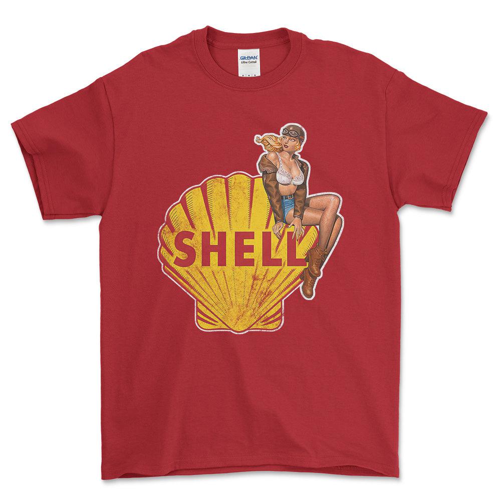 Shell Pinup - Unisex T-Shirt , Bomuld-Beklædning-Motoroil-Rød-S-Forside-Garage Culture Shop- garage - man cave - merchandise