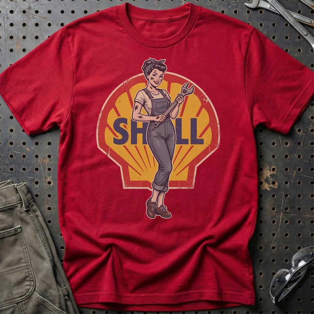Shell Pinup - Unisex T-Shirt , Bomuld-Beklædning-Motoroil-Rød-S-Garage Culture Shop- garage - man cave - merchandise