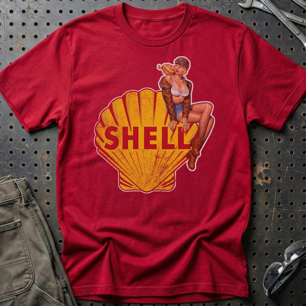 Shell Pinup - Unisex T-Shirt , Bomuld-Beklædning-Motoroil-Rød-S-Garage Culture Shop- garage - man cave - merchandise